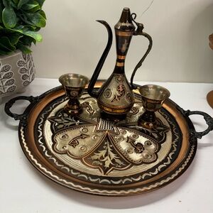 4 Piece Turkish Copper Tray Serving Platter Set Lot Engraved Turkey